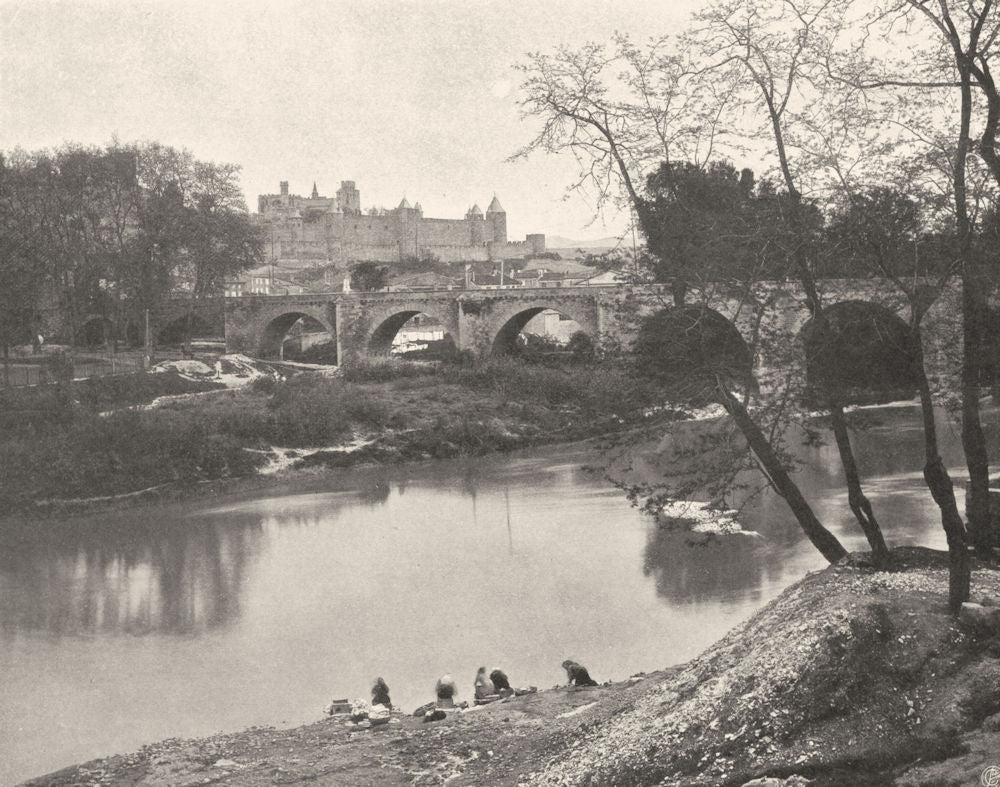 AUDE. Carcassonne- L'Aude et le pont Vieux 1903 old antique print picture